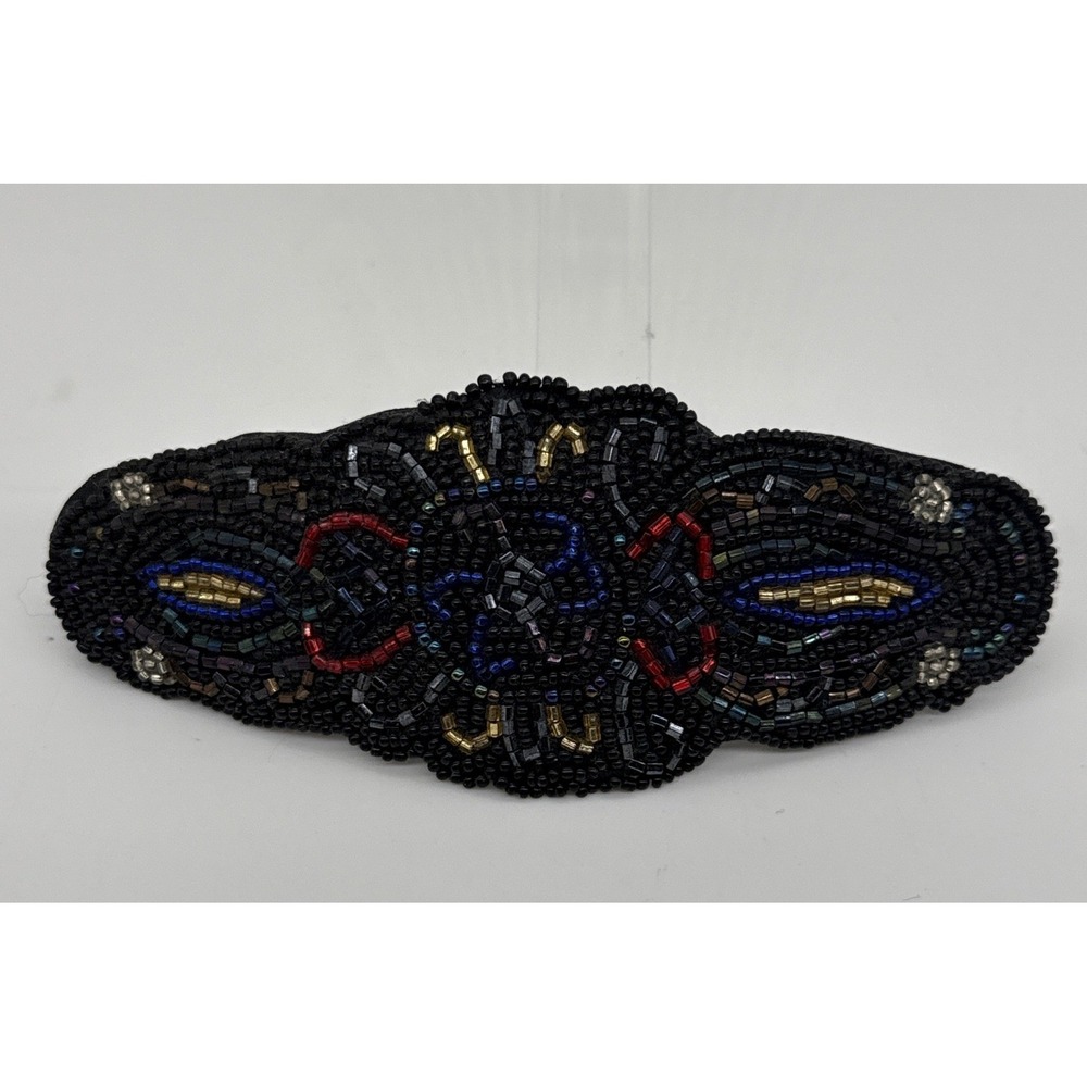 Vintage Made in France Beaded Barrette Brooch Black Red Blue Gold Seed Bead Clip